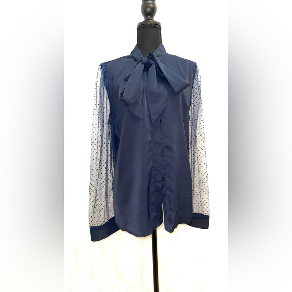 SHEIN LUNE Contrast Polka Dot Mesh Tie Neck Blouse - New; no tags - never worn